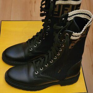 Fendi Black Leather Biker Boots with Fabric, size 7